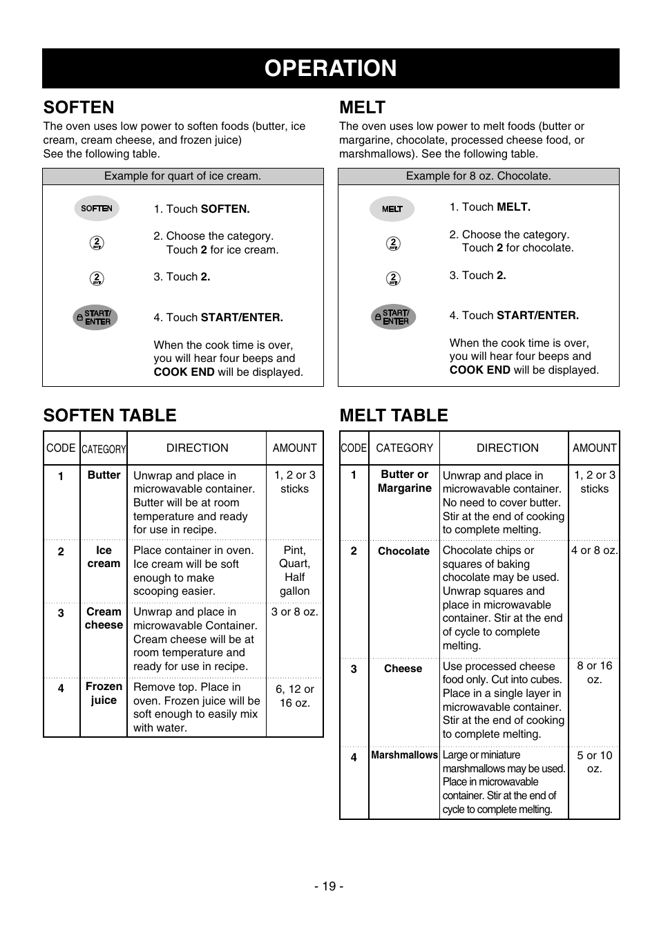 Operation, Soften, Melt | Soften table, Melt table | Dometic DOTRC17SSC User Manual | Page 19 / 44