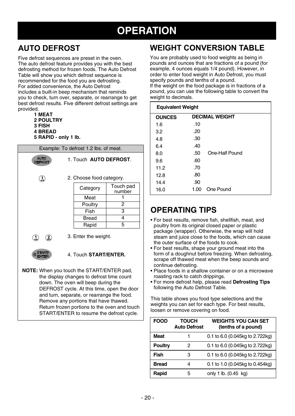 Operation, Auto defrost, Weight conversion table | Operating tips | Dometic DOTRC17SSC User Manual | Page 20 / 44