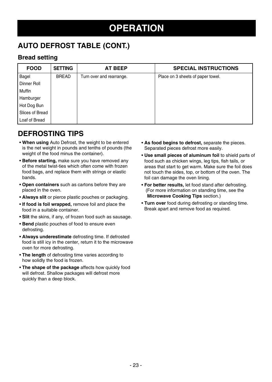 Operation, Defrosting tips, Auto defrost table (cont.) | Bread setting | Dometic DOTRC17SSC User Manual | Page 23 / 44