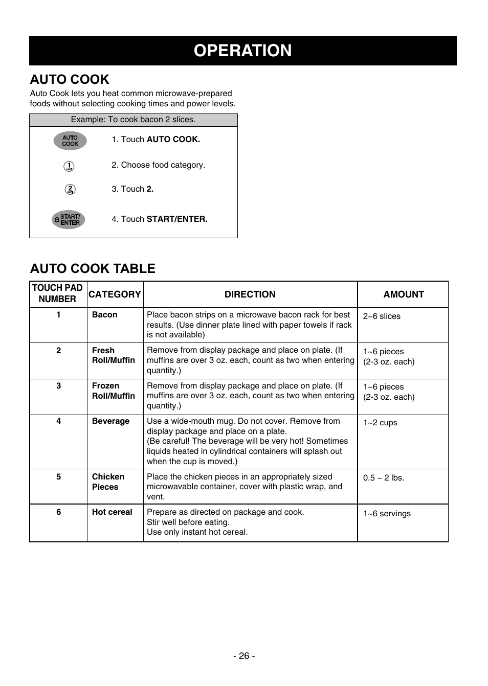 Operation, Auto cook, Auto cook table | Dometic DOTRC17SSC User Manual | Page 26 / 44