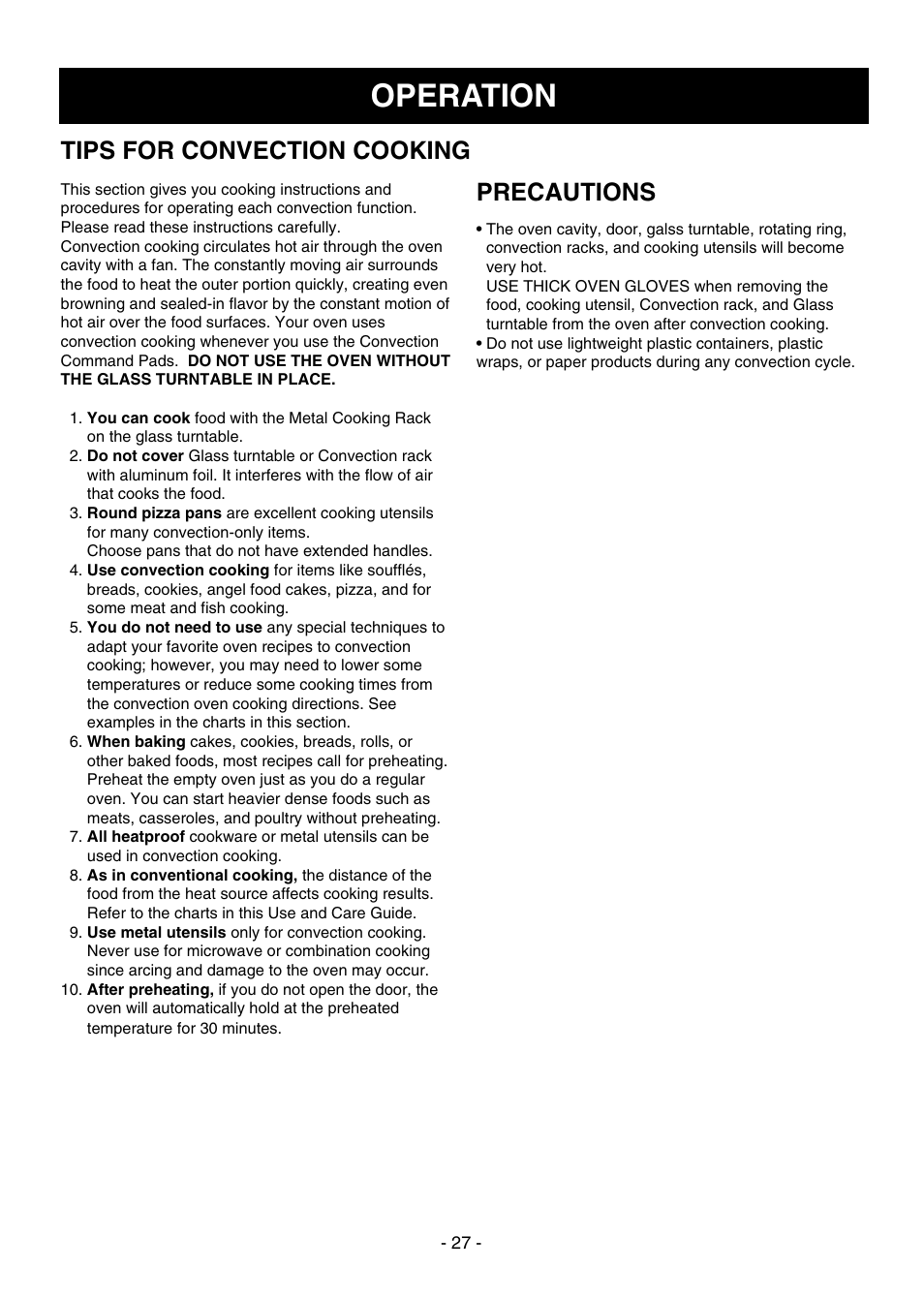 Operation, Precautions, Tips for convection cooking | Dometic DOTRC17SSC User Manual | Page 27 / 44