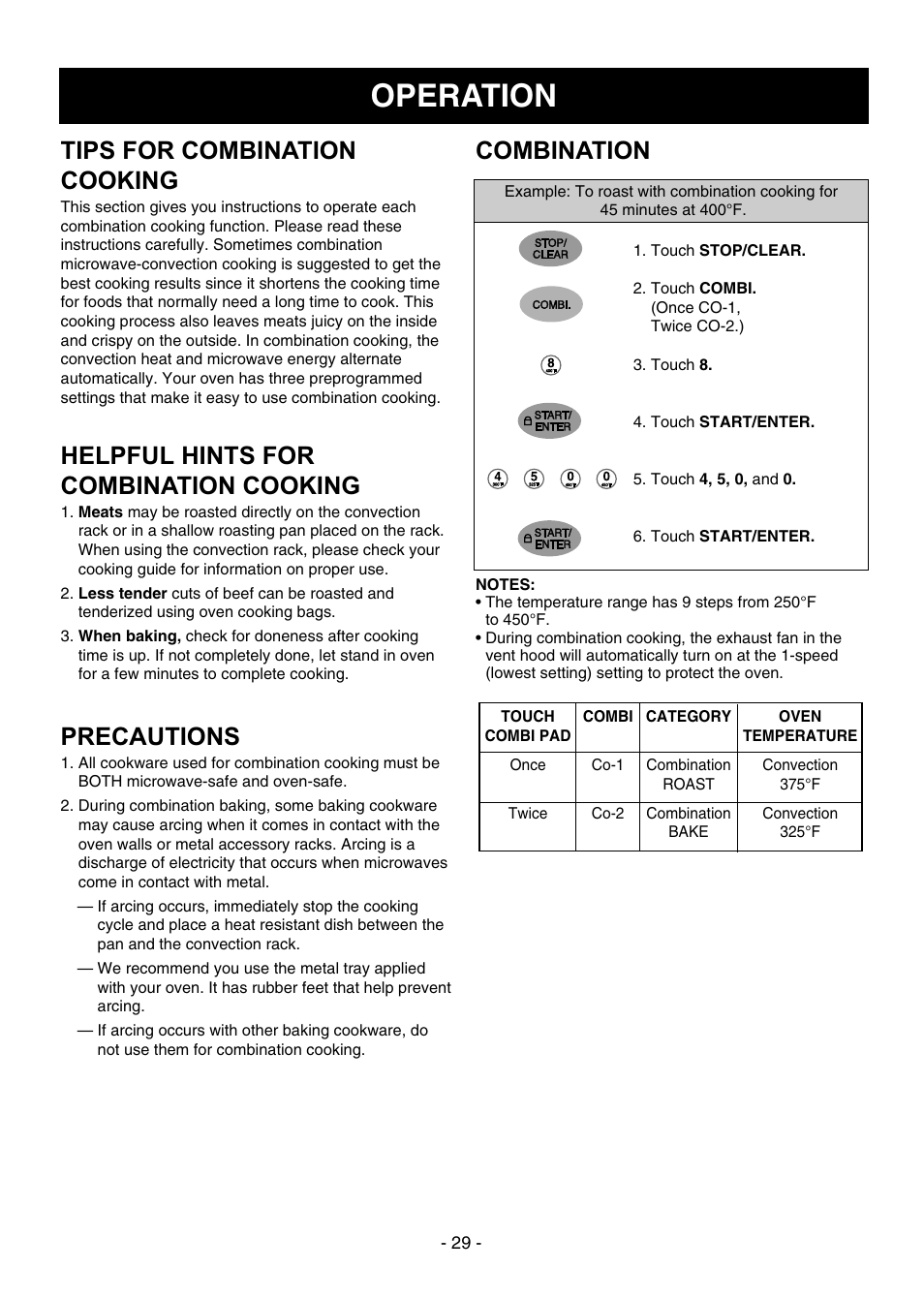 Operation, Combination tips for combination cooking, Precautions | Helpful hints for combination cooking | Dometic DOTRC17SSC User Manual | Page 29 / 44