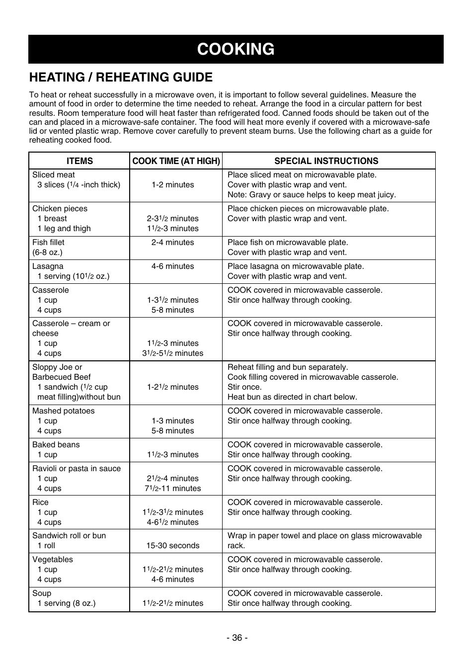 Cooking, Heating / reheating guide | Dometic DOTRC17SSC User Manual | Page 36 / 44