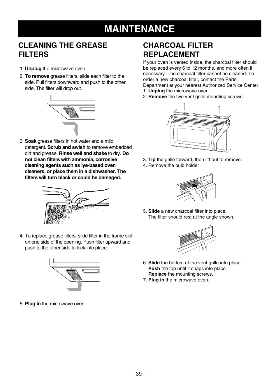 Maintenance, Cleaning the grease filters, Charcoal filter replacement | Dometic DOTRC17SSC User Manual | Page 39 / 44