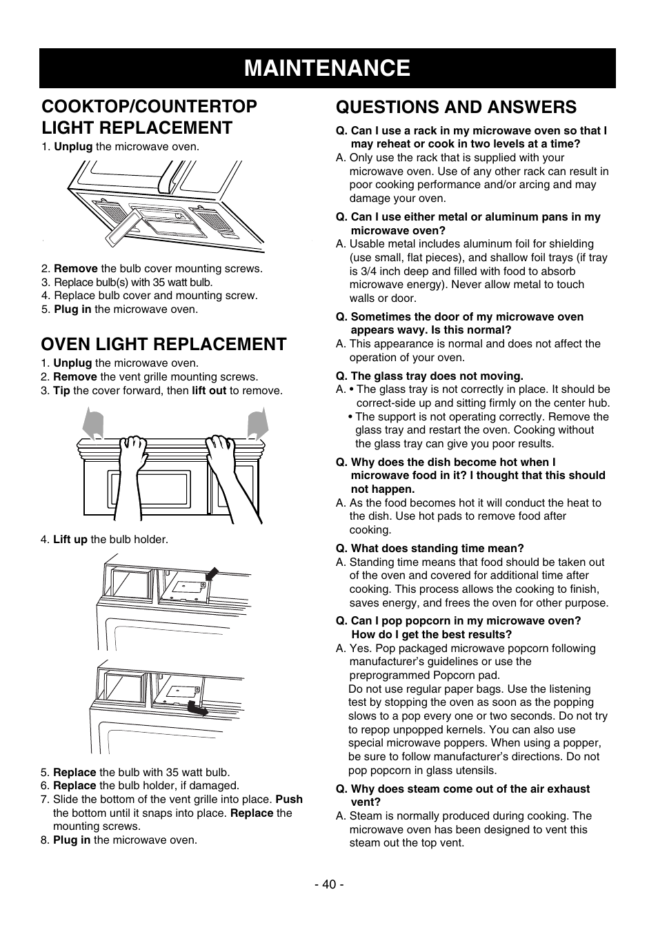 Maintenance, Oven light replacement, Cooktop/countertop light replacement | Questions and answers | Dometic DOTRC17SSC User Manual | Page 40 / 44