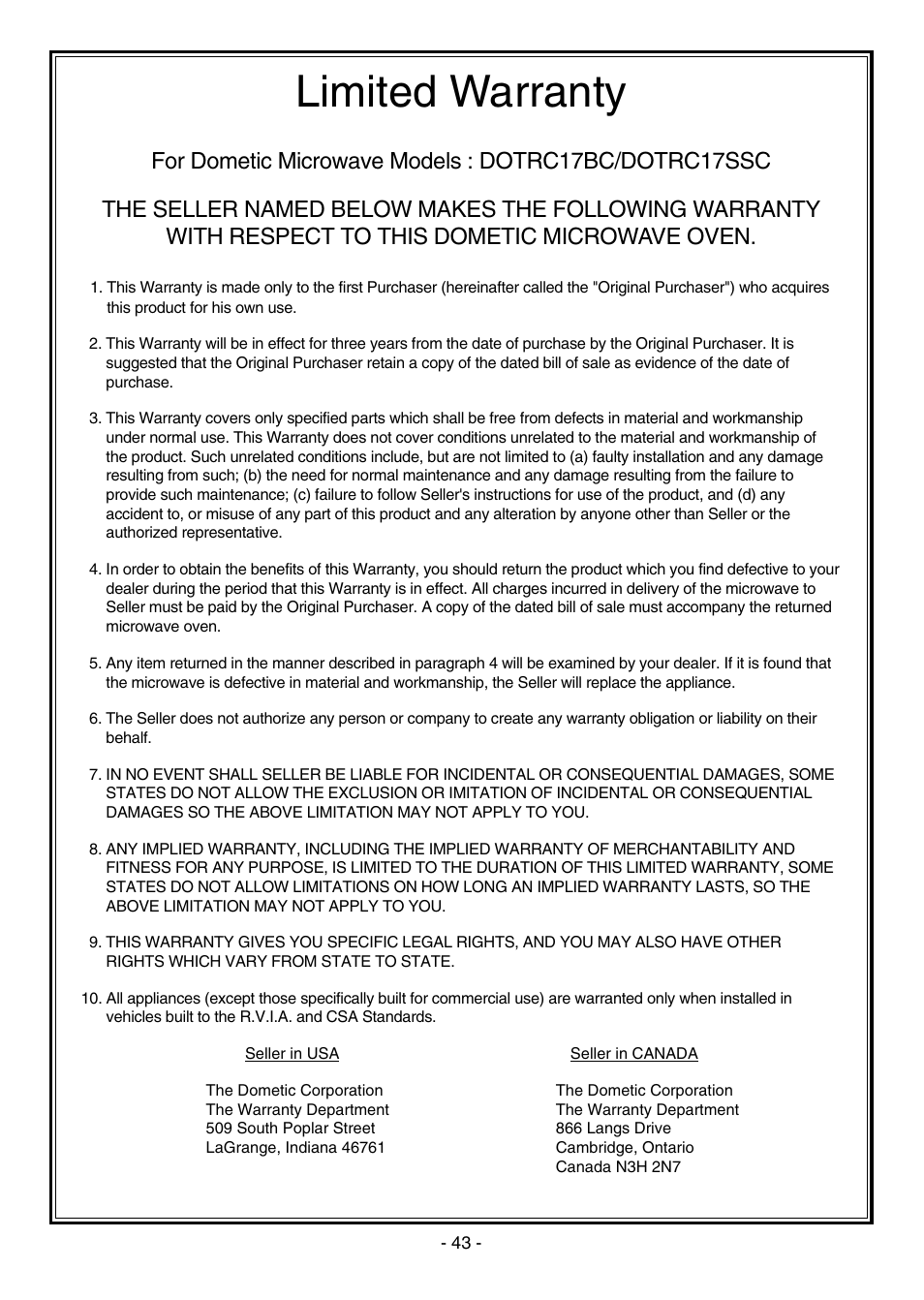 Limited warranty | Dometic DOTRC17SSC User Manual | Page 43 / 44