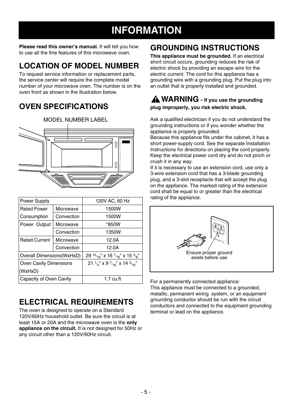 Information, Location of model number, Oven specifications electrical requirements | Grounding instructions, Warning | Dometic DOTRC17SSC User Manual | Page 5 / 44