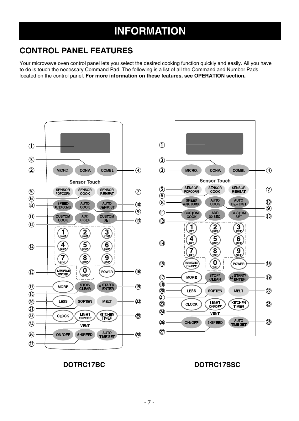 Information, Control panel features, Dotrc17bc dotrc17ssc | Dometic DOTRC17SSC User Manual | Page 7 / 44