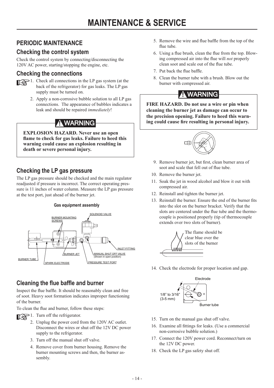 Maintenance & service, Periodic maintenance checking the control system, Checking the connections | Checking the lp gas pressure, Cleaning the flue baffle and burner, Warning | Dometic RM2554 User Manual | Page 14 / 24