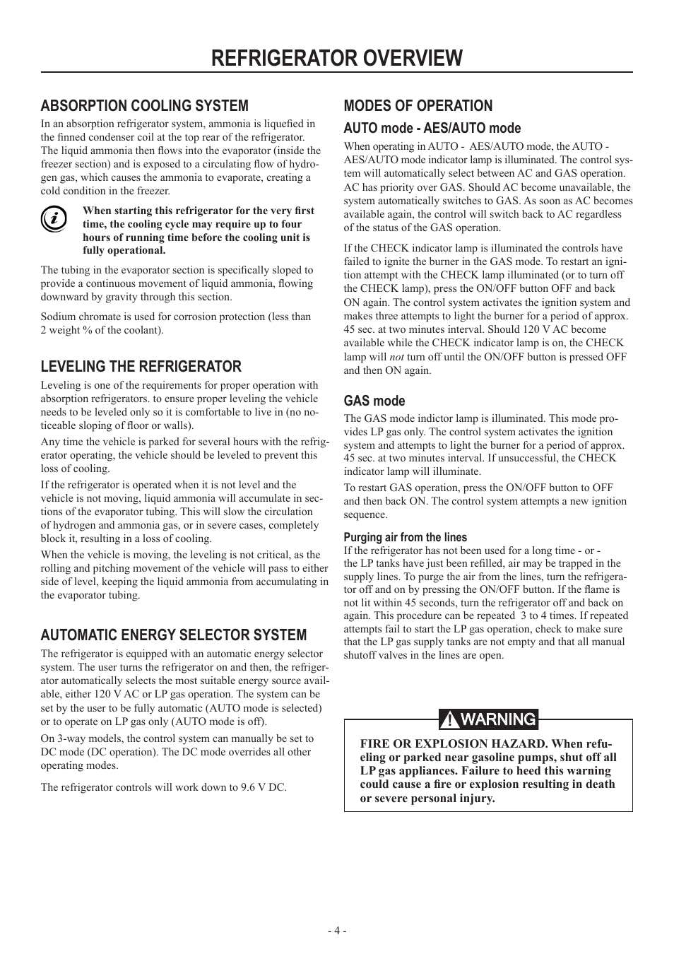 Refrigerator overview, Absorption cooling system, Leveling the refrigerator | Automatic energy selector system, Modes of operation, Warning | Dometic RM2554 User Manual | Page 4 / 24