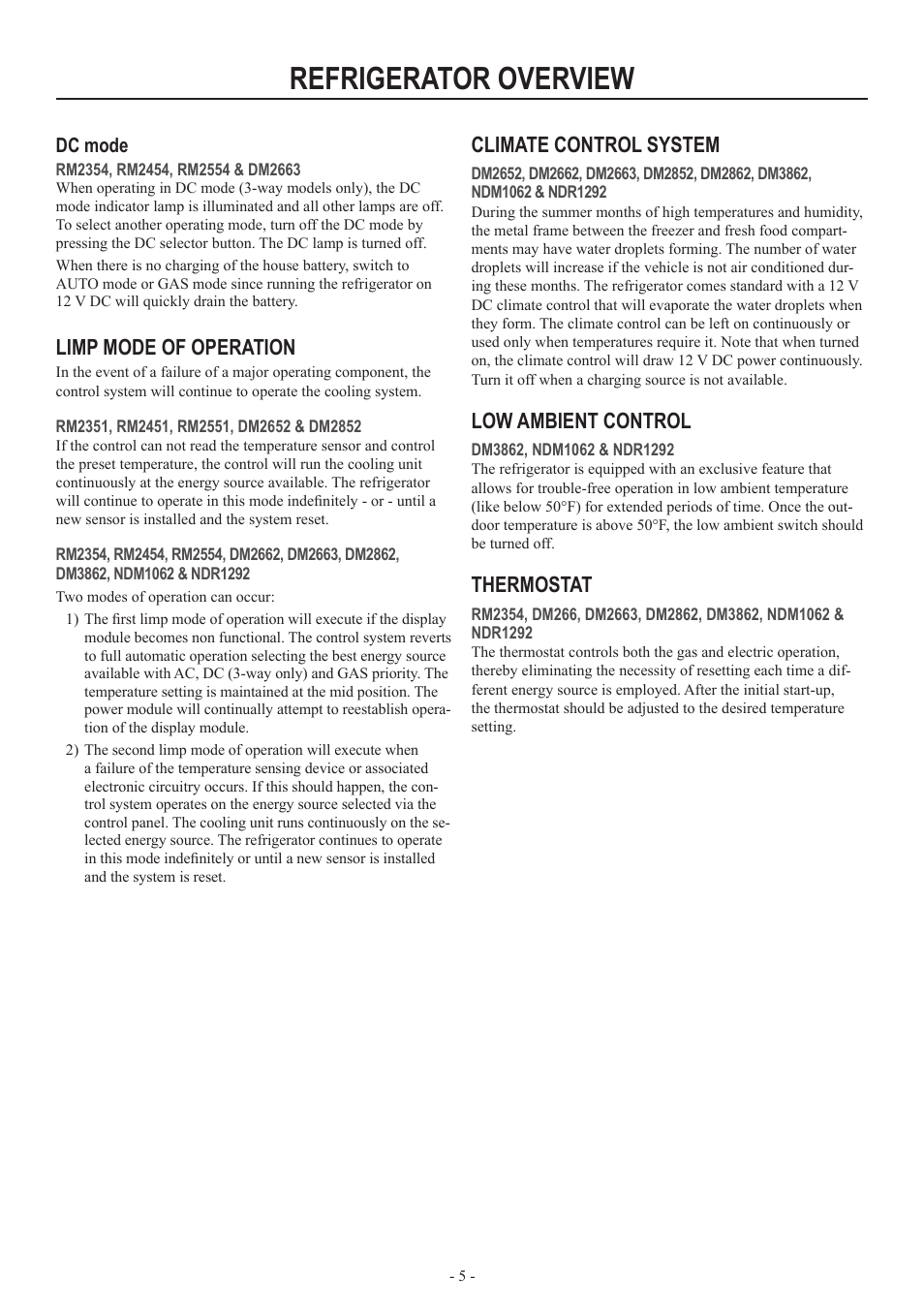 Refrigerator overview, Limp mode of operation, Climate control system | Low ambient control, Thermostat | Dometic RM2554 User Manual | Page 5 / 24