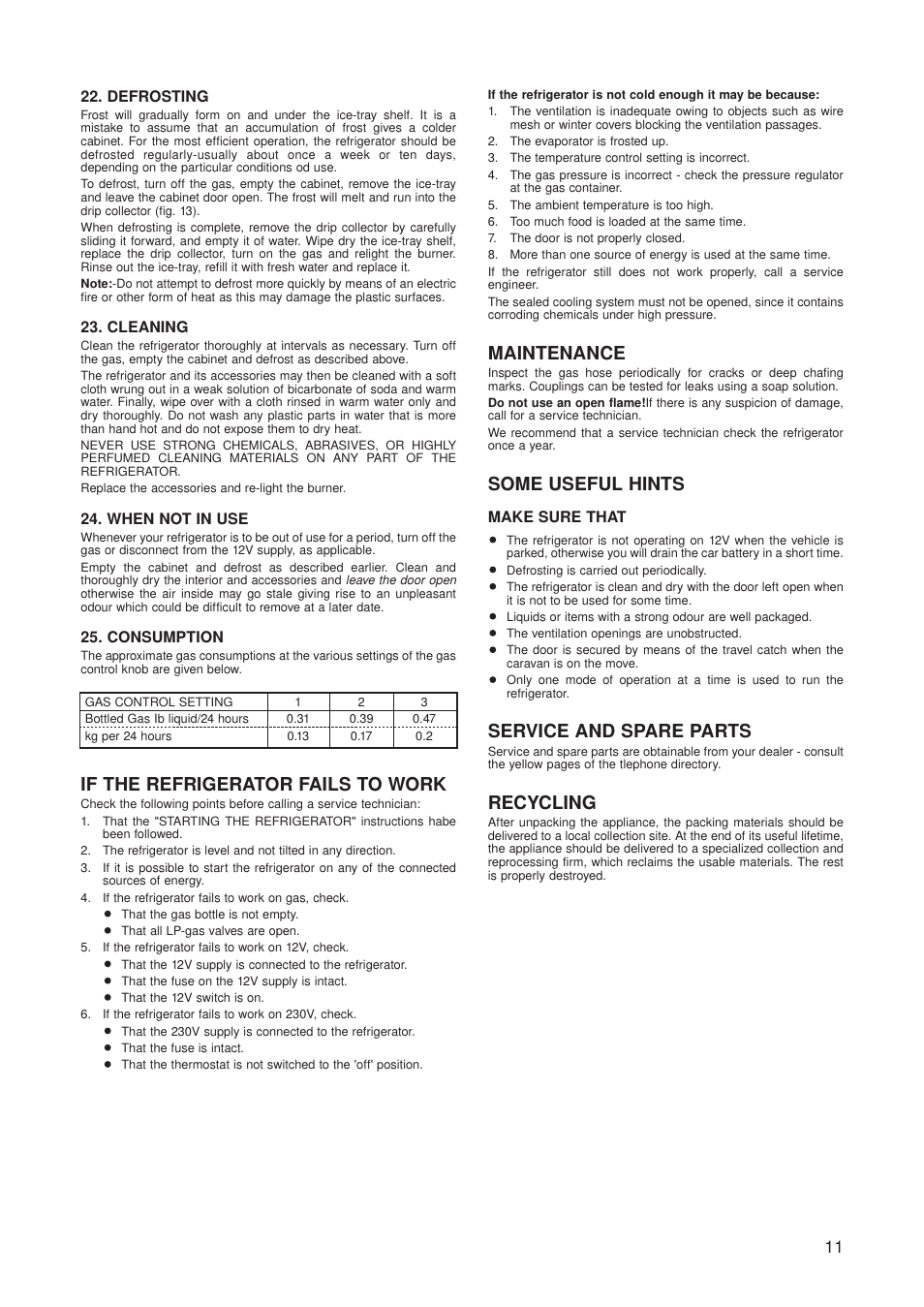 If the refrigerator fails to work, Maintenance, Some useful hints | Service and spare parts, Recycling | Dometic RM 123E User Manual | Page 11 / 12