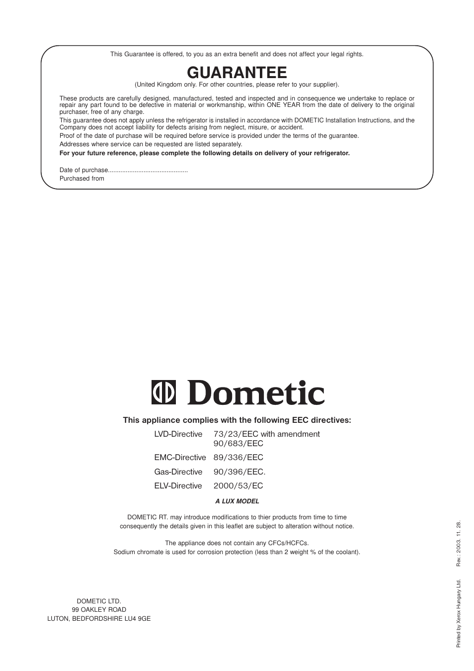 Guarantee | Dometic RM 123E User Manual | Page 12 / 12