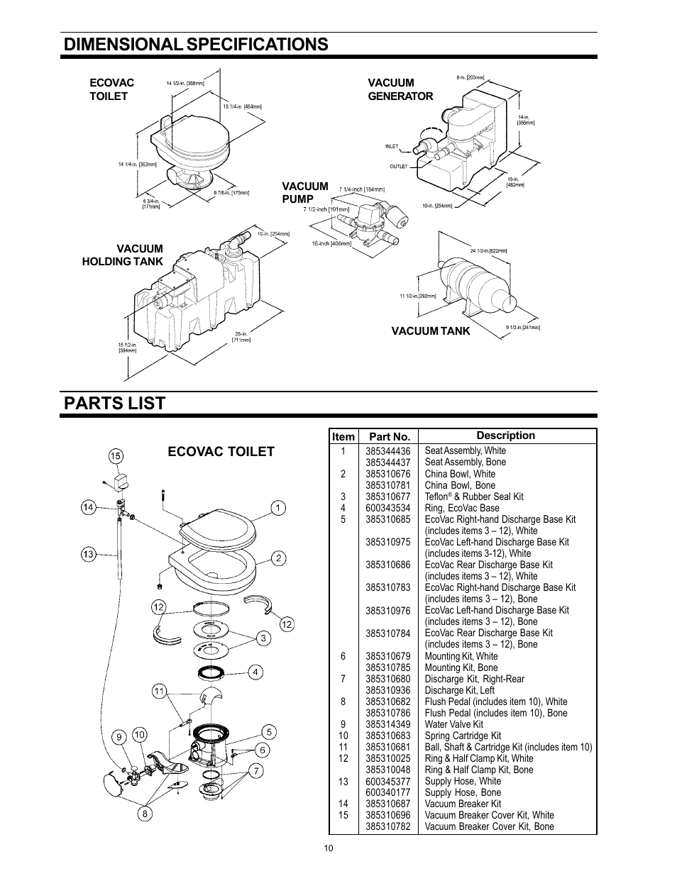 Dimensional specifications, Parts lists, Ecovac toilet | Parts list | Dometic ECOVAC SANITATION SYSTEM User Manual | Page 10 / 16