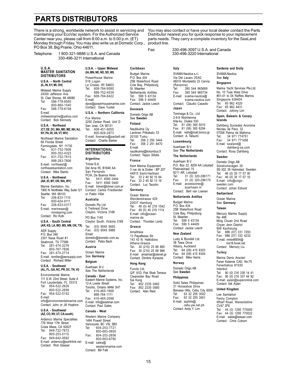 Parts distributors | Dometic ECOVAC SANITATION SYSTEM User Manual | Page 15 / 16