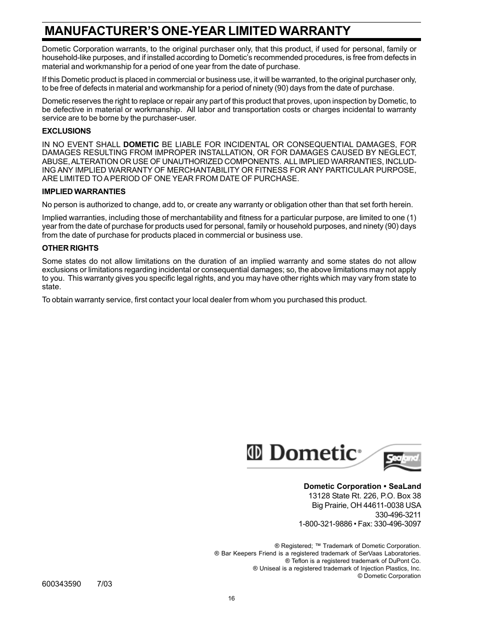 Warranty, Manufacturer’s one-year limited warranty | Dometic ECOVAC SANITATION SYSTEM User Manual | Page 16 / 16