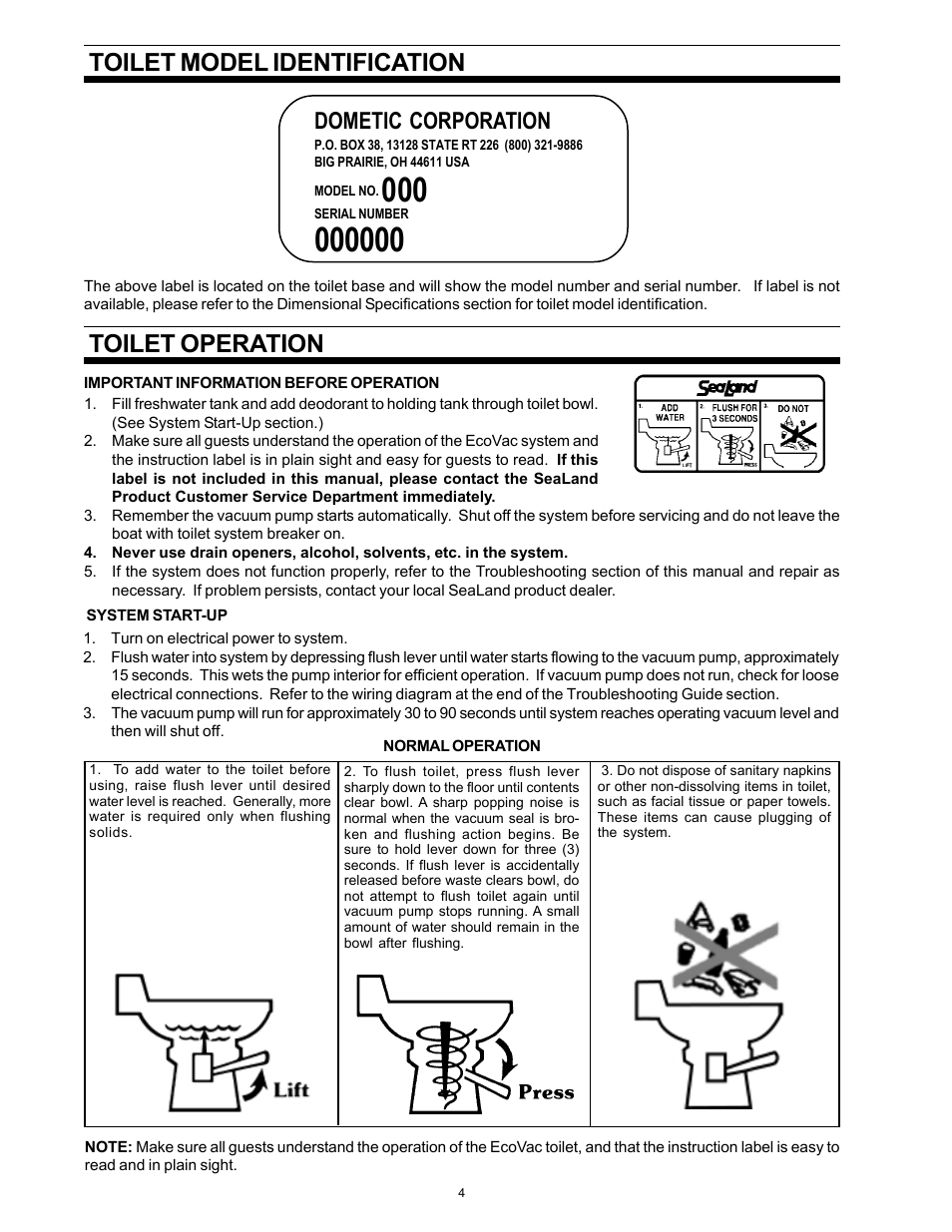 Toilet model identification, Toilet operation, System start-up | Dometic corporation | Dometic ECOVAC SANITATION SYSTEM User Manual | Page 4 / 16