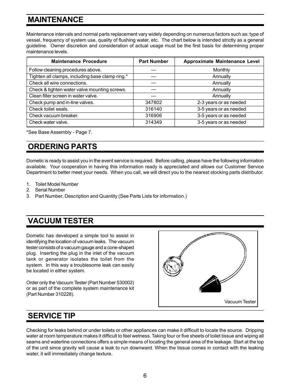 Maintenance, Ordering parts, Vacuum tester | Service tip | Dometic ECOVAC SANITATION SYSTEM User Manual | Page 6 / 16