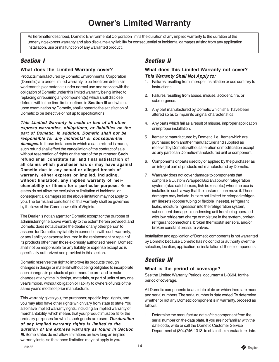 Owner’s limited warranty | Dometic Eskimo Ice Remote Ice Crushing System User Manual | Page 14 / 28