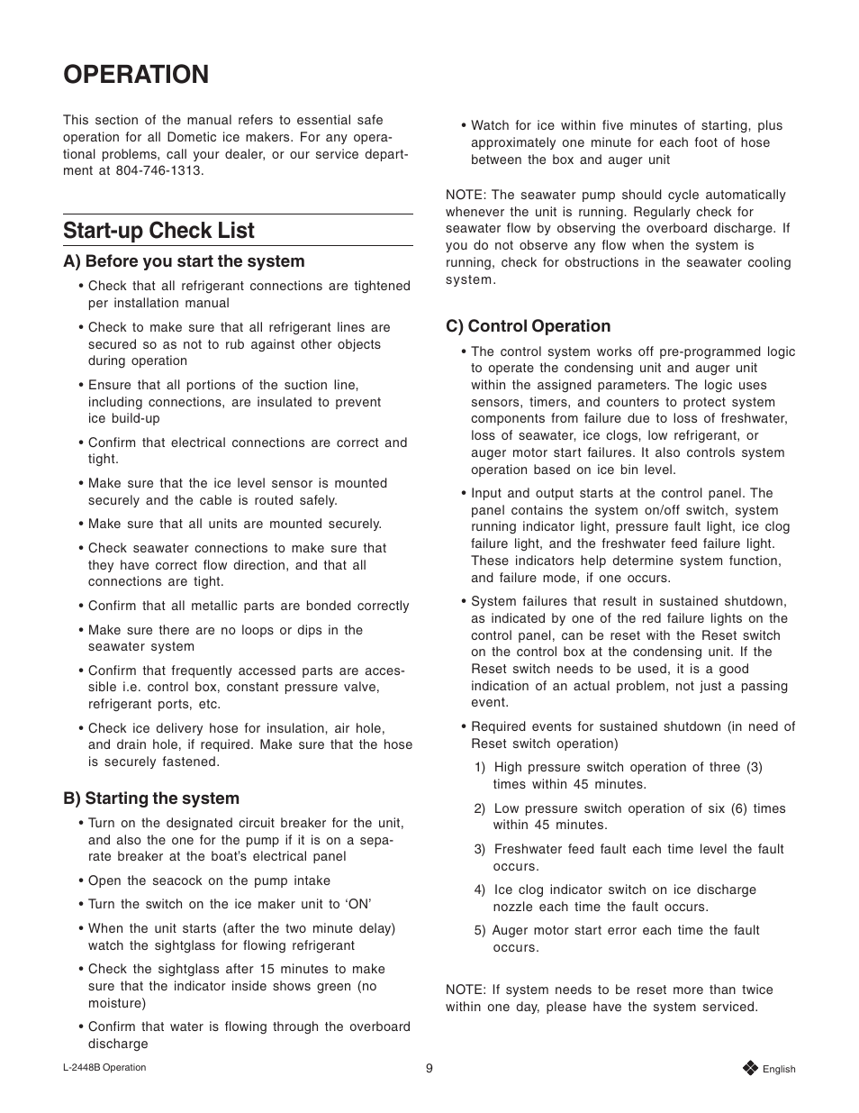 Operation, Start-up check list | Dometic Eskimo Ice Remote Ice Crushing System User Manual | Page 9 / 28