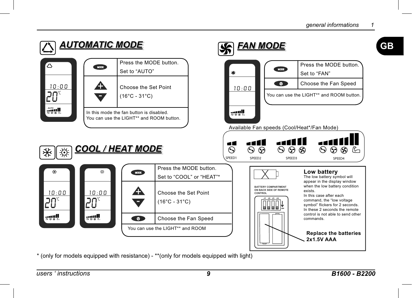 Automatic mode, Cool / heat mode fan mode | Dometic B2200 User Manual | Page 10 / 24