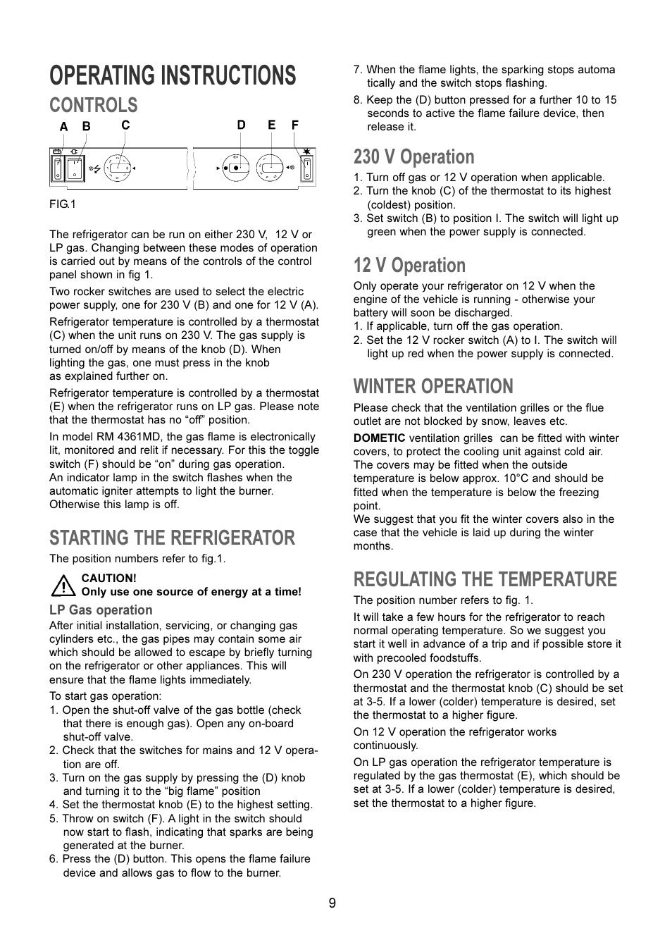 Operating instructions, Controls, Starting the refrigerator | 230 v operation, 12 v operation, Winter operation, Regulating the temperature | Dometic RM 4361NDM User Manual | Page 3 / 8
