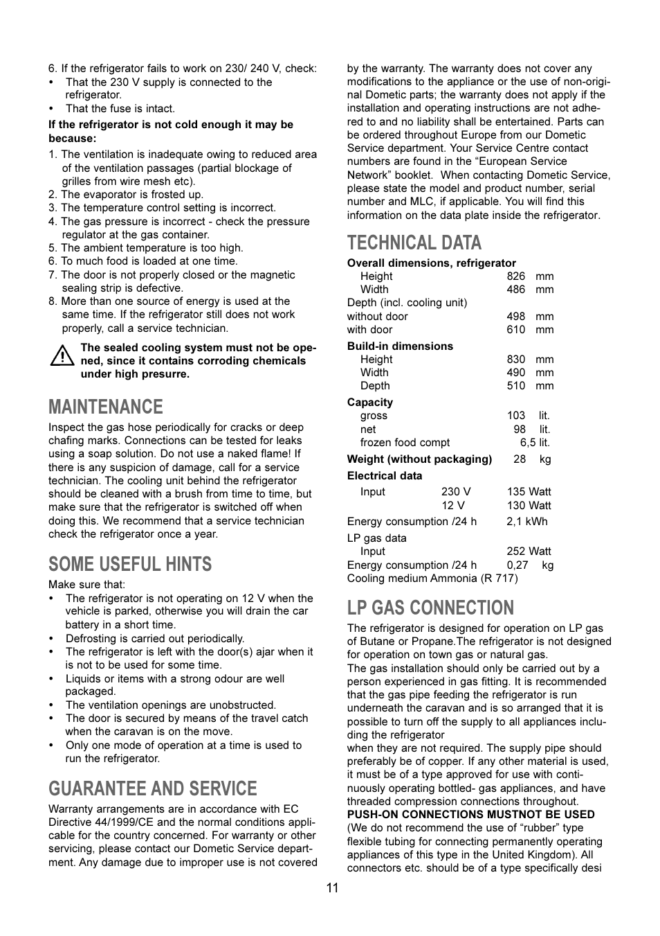 Maintenance, Some useful hints, Guarantee and service | Technical data, Lp gas connection | Dometic RM 4361NDM User Manual | Page 5 / 8