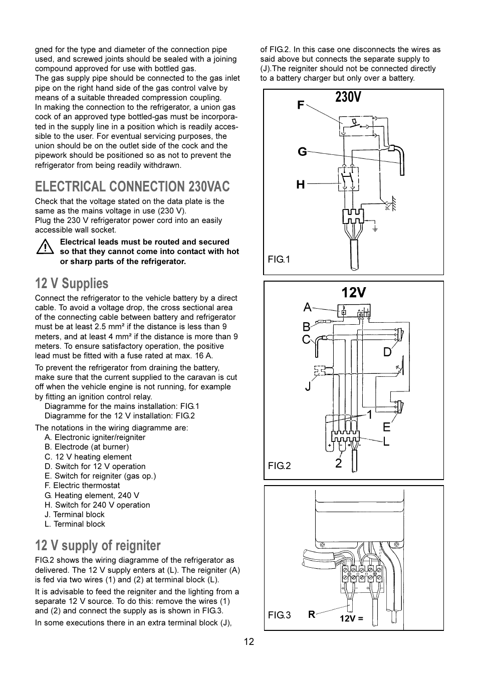 Electrical connection 230vac, 12 v supplies, 12 v supply of reigniter | 230v | Dometic RM 4361NDM User Manual | Page 6 / 8