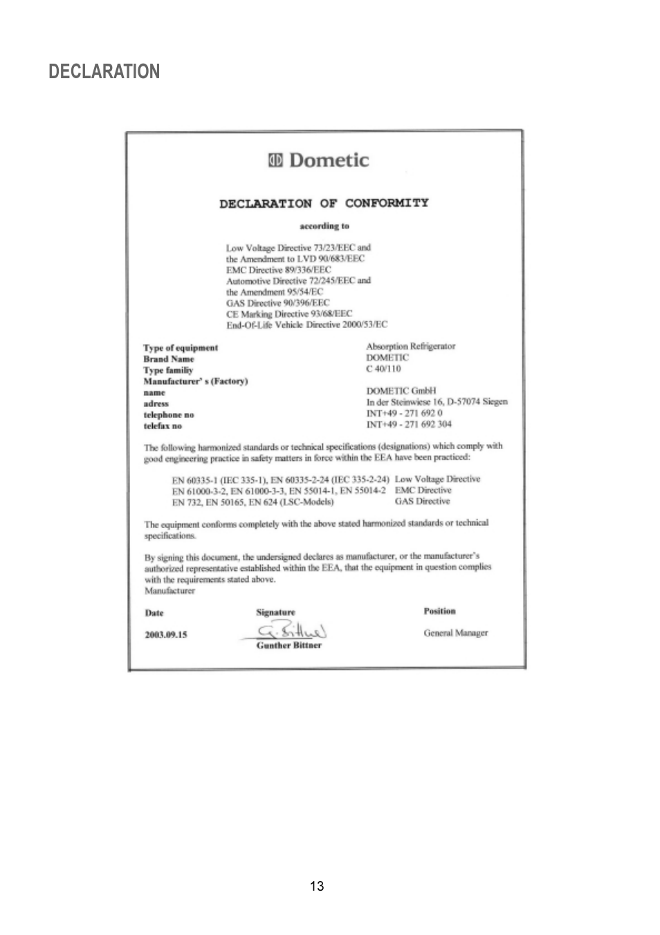 Declaration | Dometic RM 4361NDM User Manual | Page 7 / 8