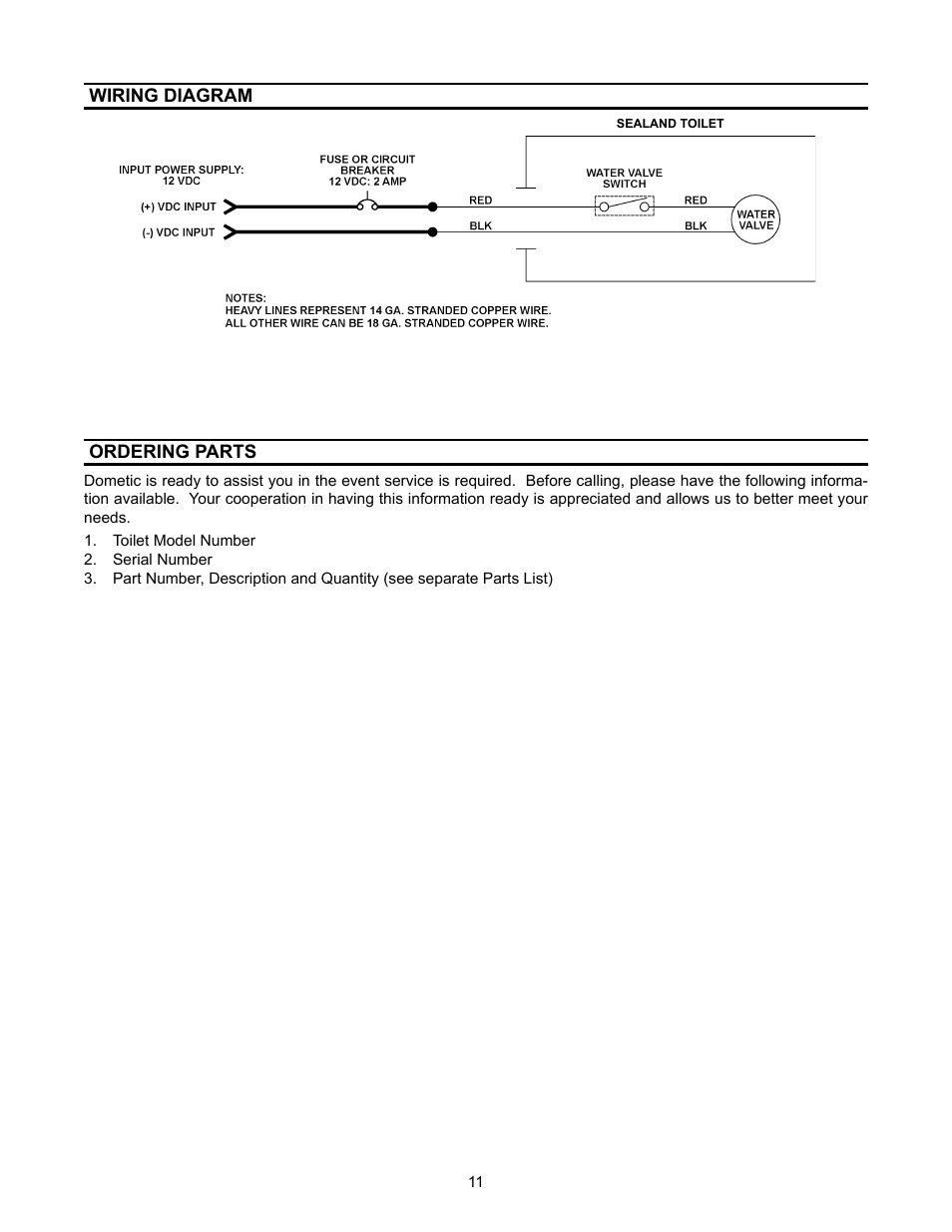 Wiring diagram, Ordering parts | Dometic 3200 Series User Manual | Page 11 / 12