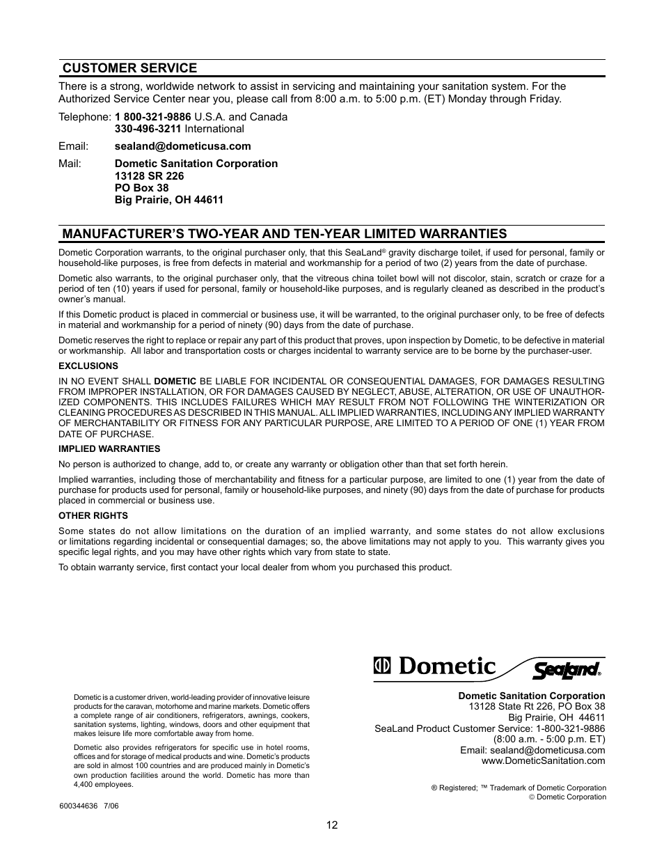 Customer service, Warranty | Dometic 3200 Series User Manual | Page 12 / 12