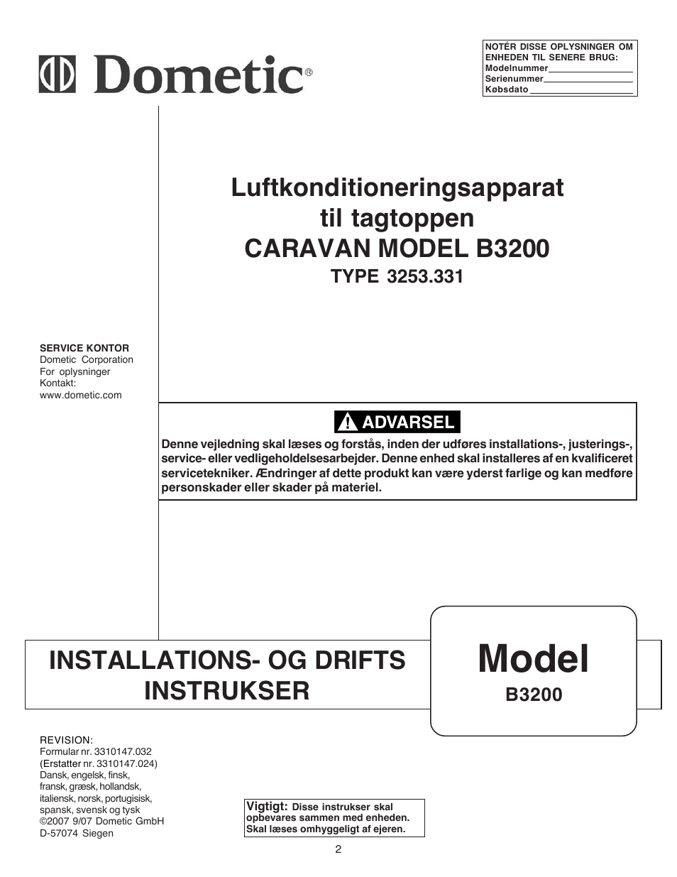 Dometic CARAVAN B3200 User Manual | 120 pages