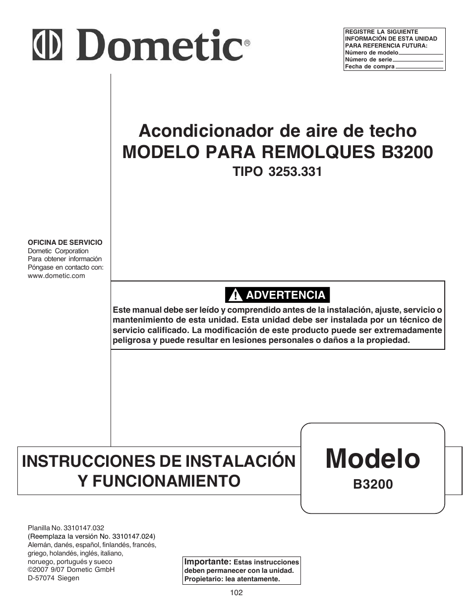 Modelo, Instrucciones de instalación y funcionamiento, B3200 | Dometic CARAVAN B3200 User Manual | Page 101 / 120