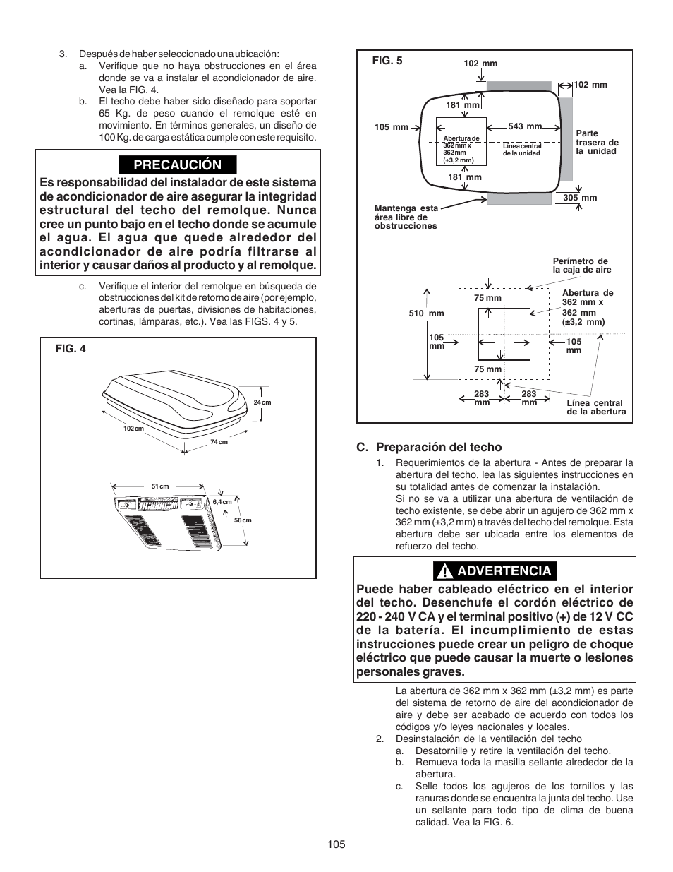 Precaución, Advertencia, C. preparación del techo | Dometic CARAVAN B3200 User Manual | Page 104 / 120