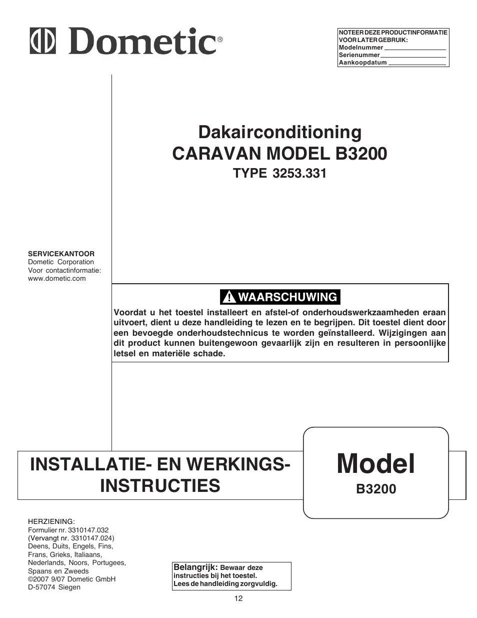 Model, Installatie- en werkings- instructies, Dakairconditioning caravan model b3200 | B3200 | Dometic CARAVAN B3200 User Manual | Page 11 / 120