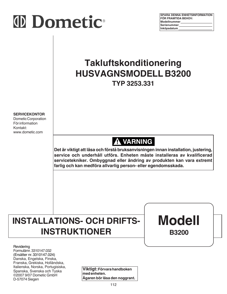 Modell, Takluftskonditionering husvagnsmodell b3200, Installations- och drifts- instruktioner | B3200 | Dometic CARAVAN B3200 User Manual | Page 111 / 120