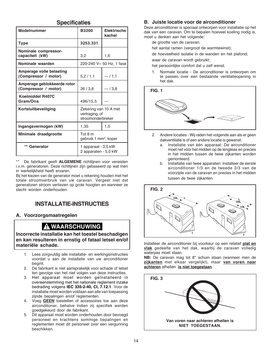 Specificaties installatie-instructies | Dometic CARAVAN B3200 User Manual | Page 13 / 120