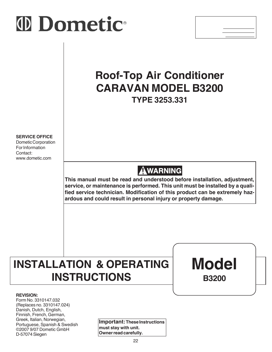 Model, Installation & operating instructions, Roof-top air conditioner caravan model b3200 | Dometic CARAVAN B3200 User Manual | Page 21 / 120