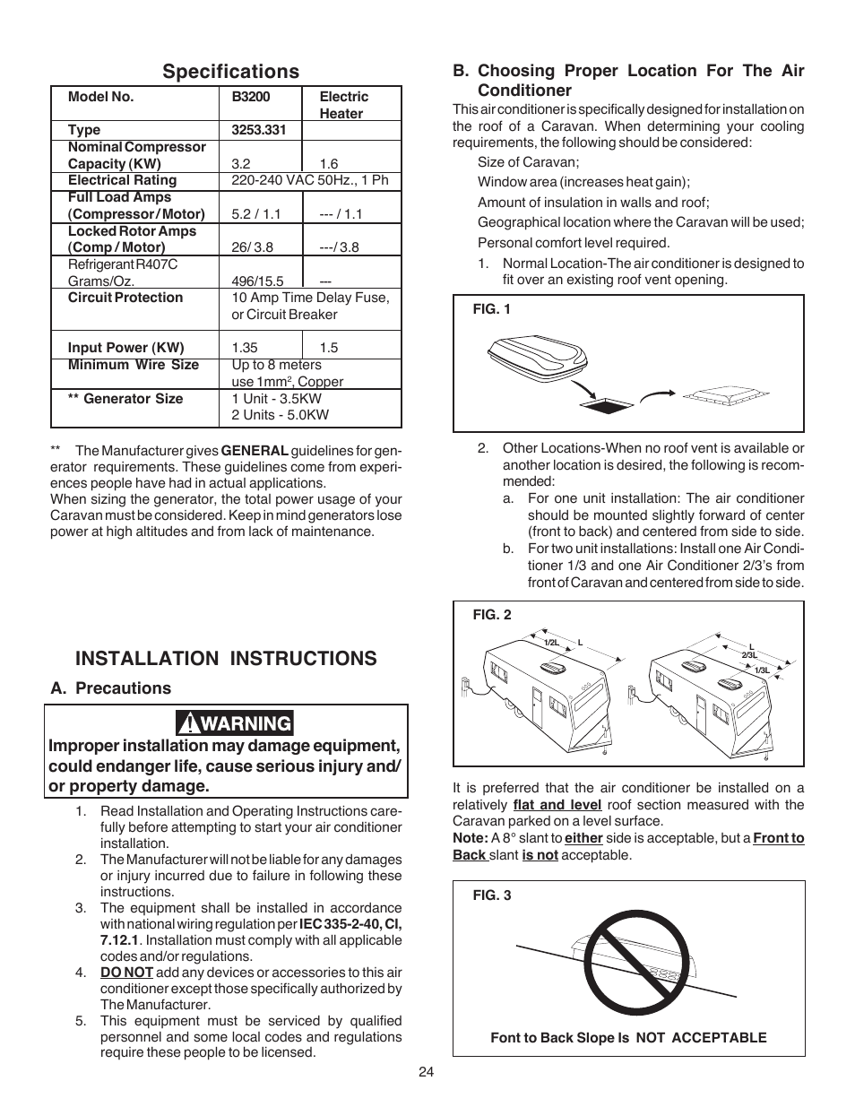 Specifications, Installation instructions | Dometic CARAVAN B3200 User Manual | Page 23 / 120