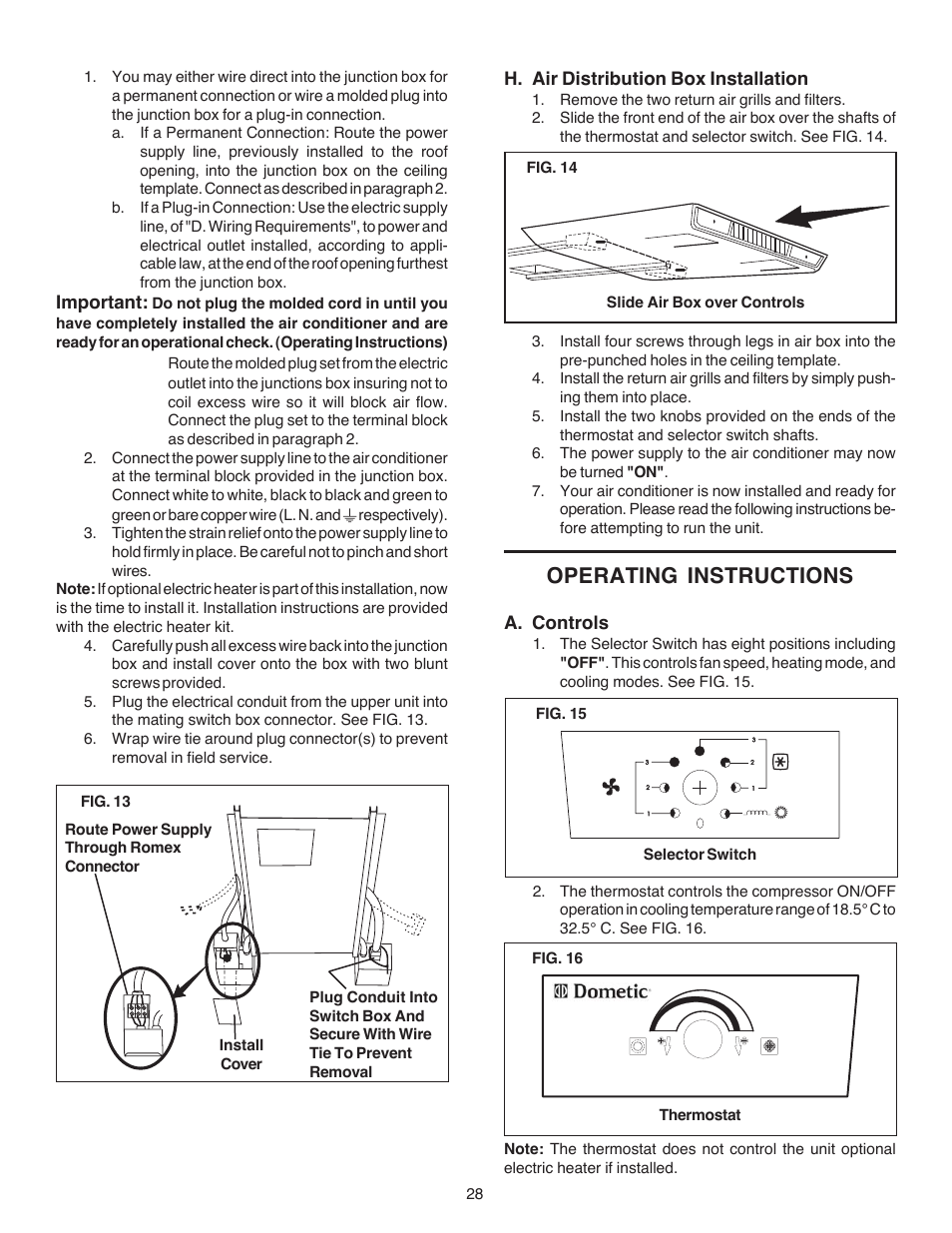 Operating instructions, Important, H. air distribution box installation | A. controls | Dometic CARAVAN B3200 User Manual | Page 27 / 120