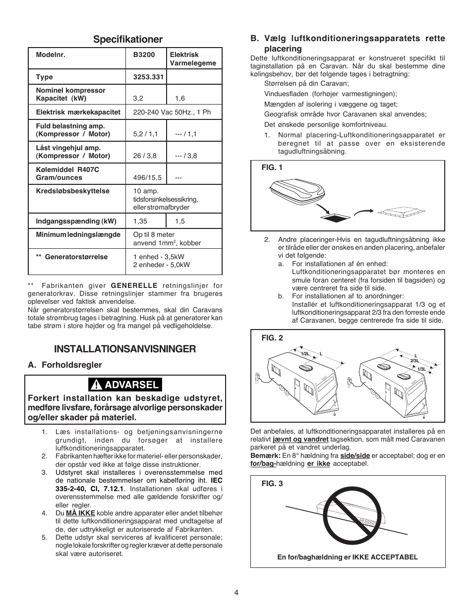 Specifikationer, Installationsanvisninger | Dometic CARAVAN B3200 User Manual | Page 3 / 120