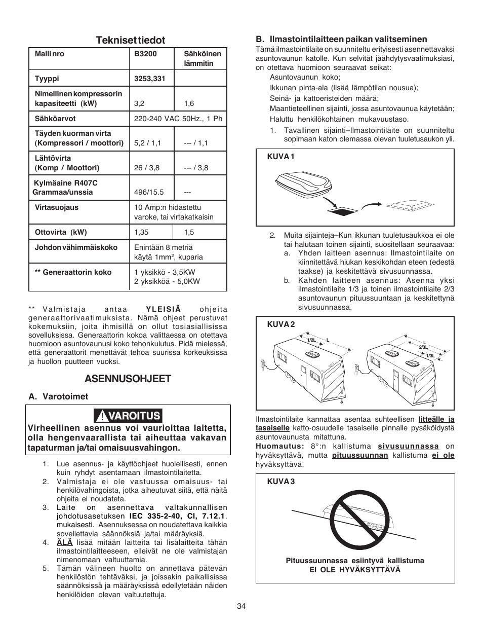 Tekniset tiedot asennusohjeet, Varoitus | Dometic CARAVAN B3200 User Manual | Page 33 / 120