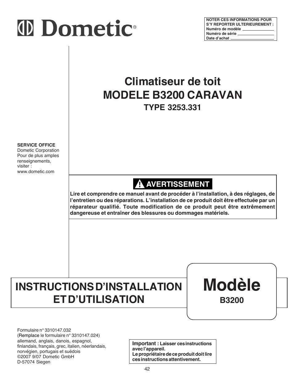 Modèle, Climatiseur de toit modele b3200 caravan, Instructions d’installation et d’utilisation | B3200 | Dometic CARAVAN B3200 User Manual | Page 41 / 120