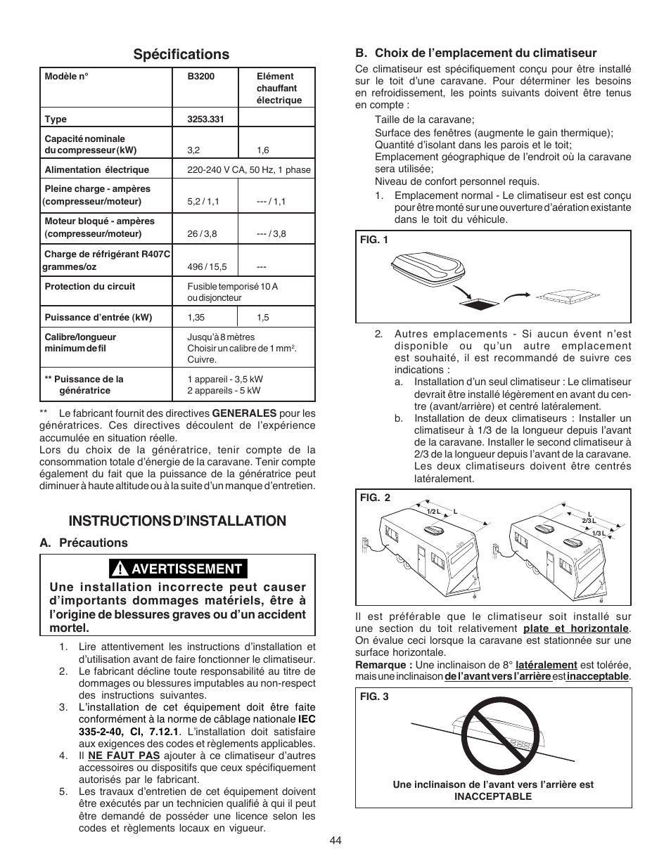 Spécifications, Instructions d’installation | Dometic CARAVAN B3200 User Manual | Page 43 / 120