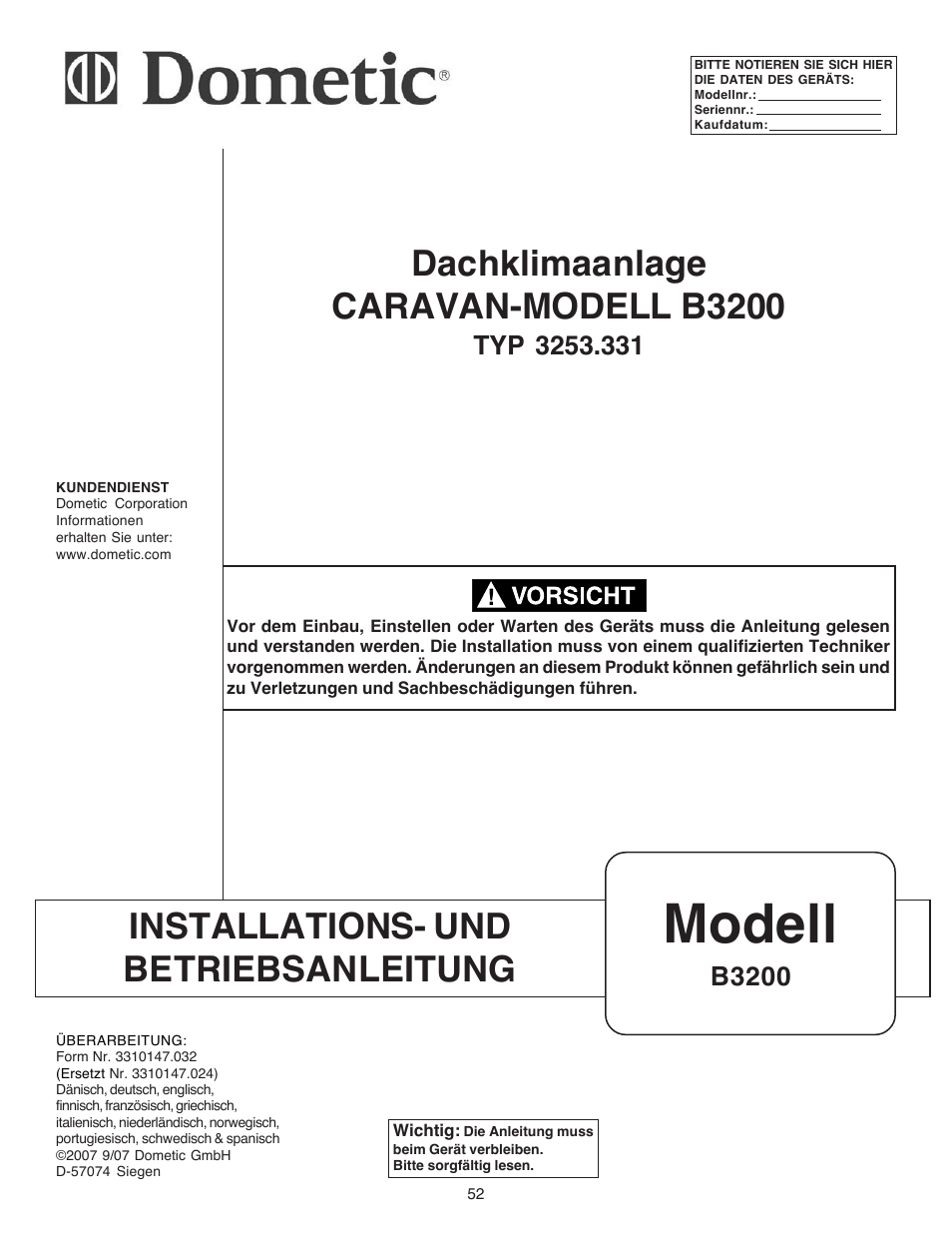 Modell, Installations- und betriebsanleitung, Dachklimaanlage caravan-modell b3200 | B3200 | Dometic CARAVAN B3200 User Manual | Page 51 / 120