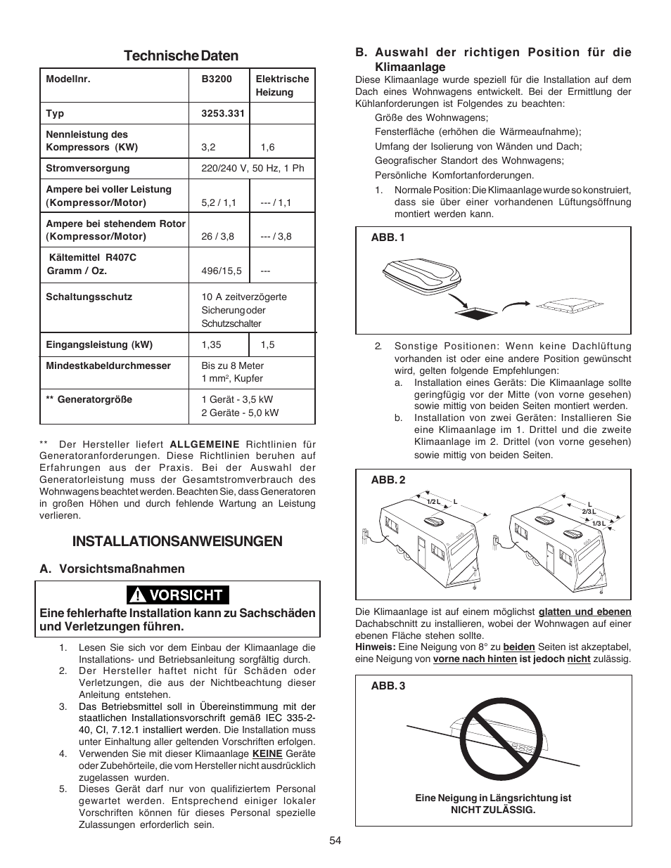 Technische daten, Installationsanweisungen | Dometic CARAVAN B3200 User Manual | Page 53 / 120