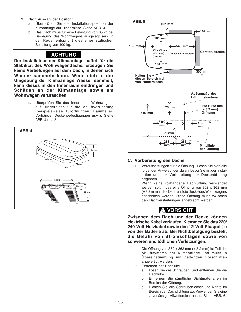 C. vorbereitung des dachs | Dometic CARAVAN B3200 User Manual | Page 54 / 120