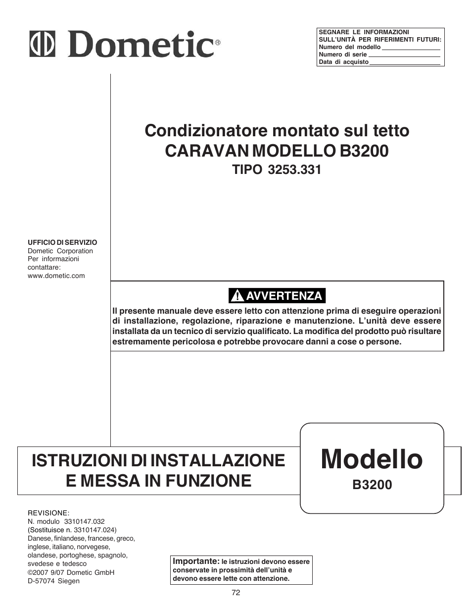 Modello, Istruzioni di installazione e messa in funzione, B3200 | Dometic CARAVAN B3200 User Manual | Page 71 / 120