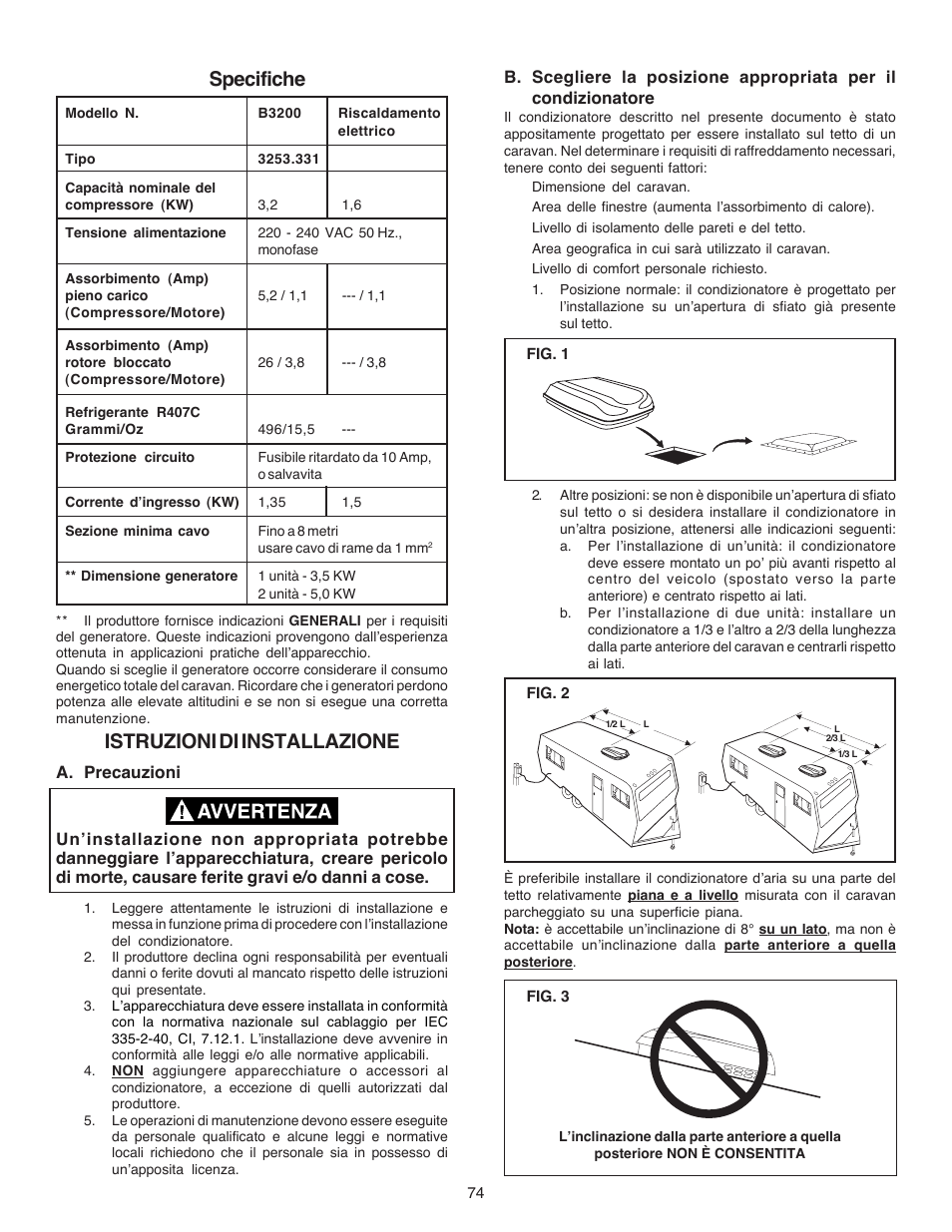 Specifiche, Istruzioni di installazione | Dometic CARAVAN B3200 User Manual | Page 73 / 120