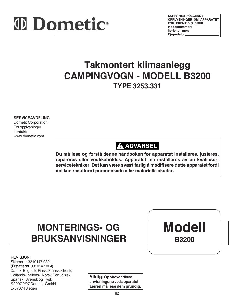 Modell, Monterings- og bruksanvisninger, Takmontert klimaanlegg campingvogn - modell b3200 | B3200 | Dometic CARAVAN B3200 User Manual | Page 81 / 120